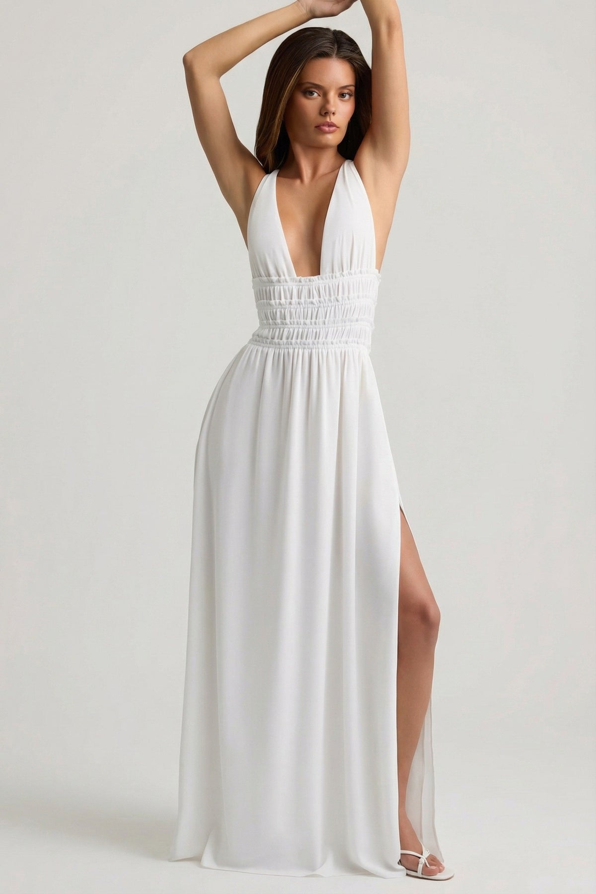 Chic Plunge Cross-Back Maxi Dress in White