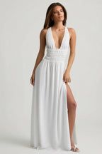 Chic Plunge Cross-Back Maxi Dress in White