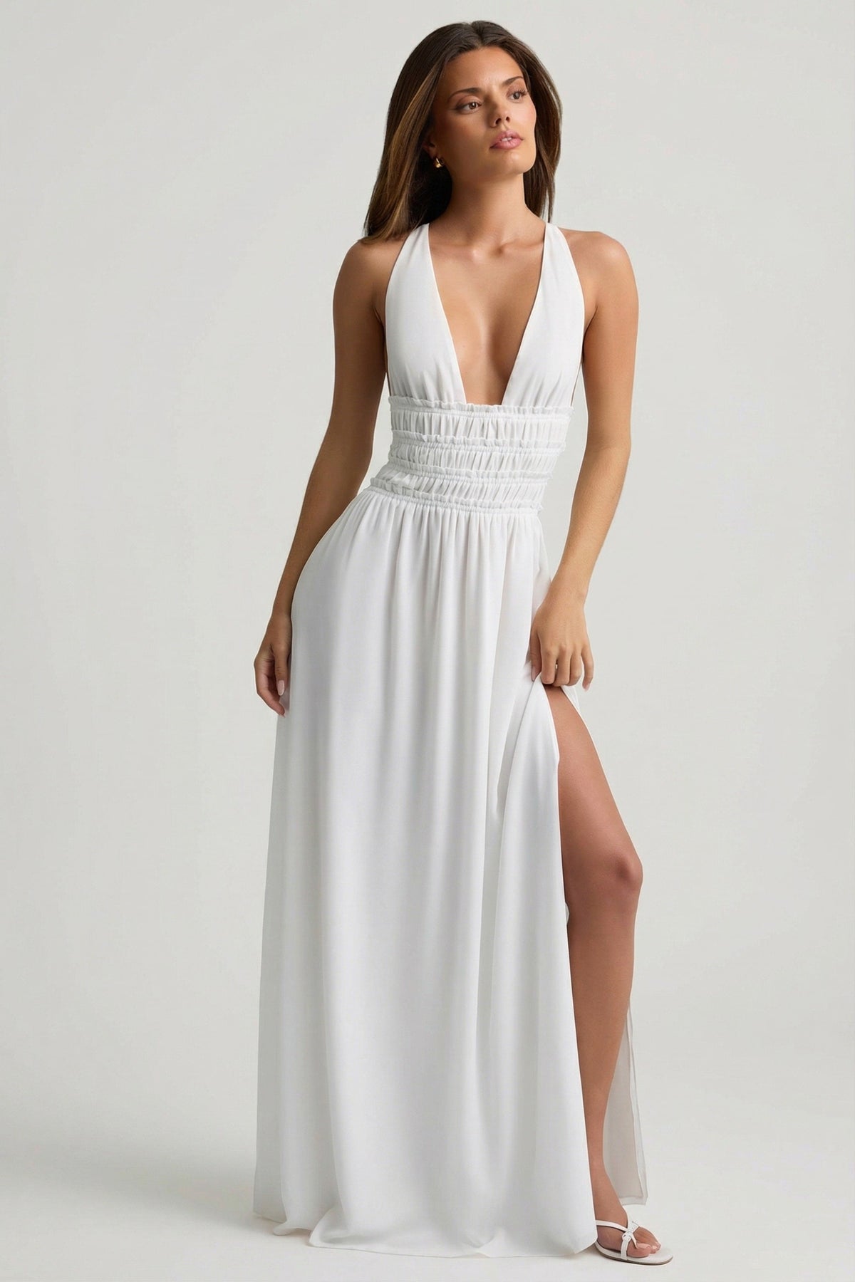Chic Plunge Cross-Back Maxi Dress in White
