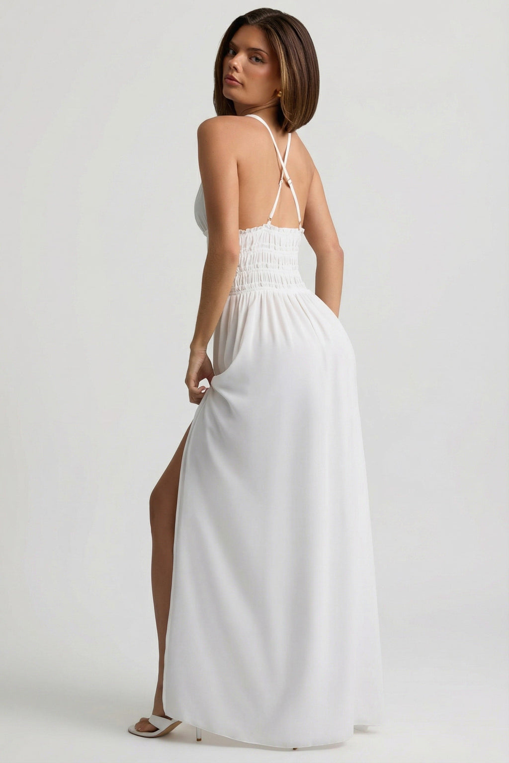 Chic Plunge Cross-Back Maxi Dress in White