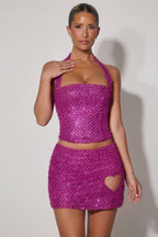 Chic Embellished Heart-Detail A-Line Micro Mini Skirt in Magenta