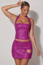 Chic Embellished Heart-Detail A-Line Micro Mini Skirt in Magenta
