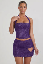 Chic Embellished Heart-Detail A-Line Micro Mini Skirt in Purple