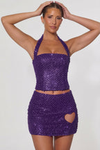 Chic Embellished Heart-Detail A-Line Micro Mini Skirt in Purple