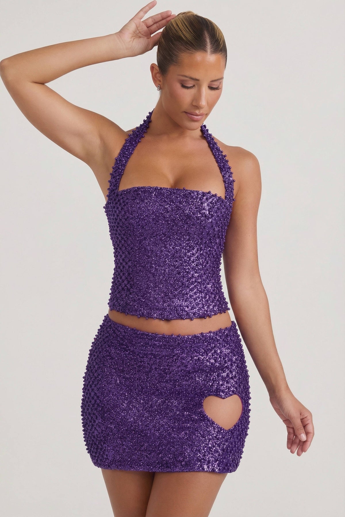 Chic Embellished Heart-Detail A-Line Micro Mini Skirt in Purple