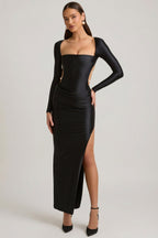 Chic Pearl-Detail Cut-Out Maxi Dress in Black