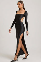Chic Pearl-Detail Cut-Out Maxi Dress in Black