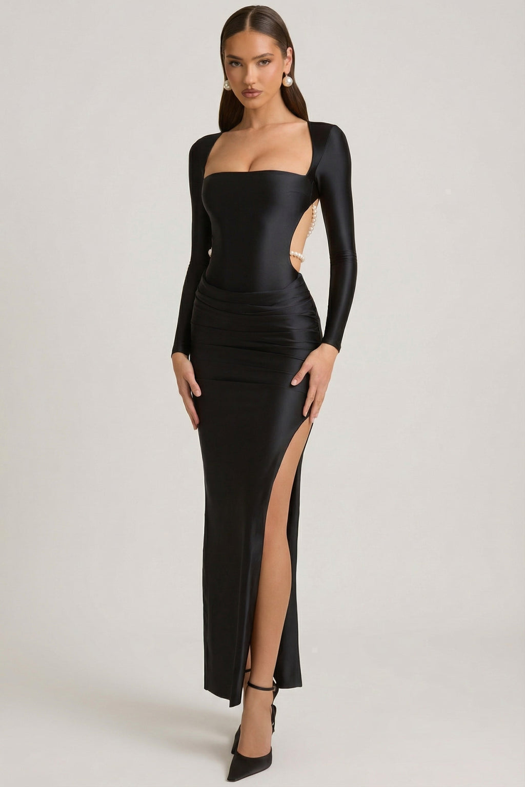 Chic Pearl-Detail Cut-Out Maxi Dress in Black