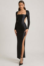 Chic Pearl-Detail Cut-Out Maxi Dress in Black