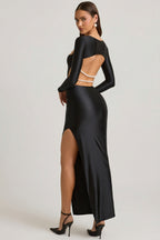 Chic Pearl-Detail Cut-Out Maxi Dress in Black
