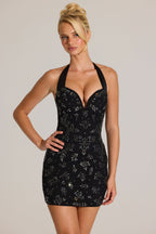 Chic Embellished Sweetheart-Neck Mini Dress in Black
