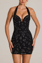 Chic Embellished Sweetheart-Neck Mini Dress in Black