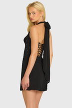 Chic Sequin Lace Corset Mini Dress in Black