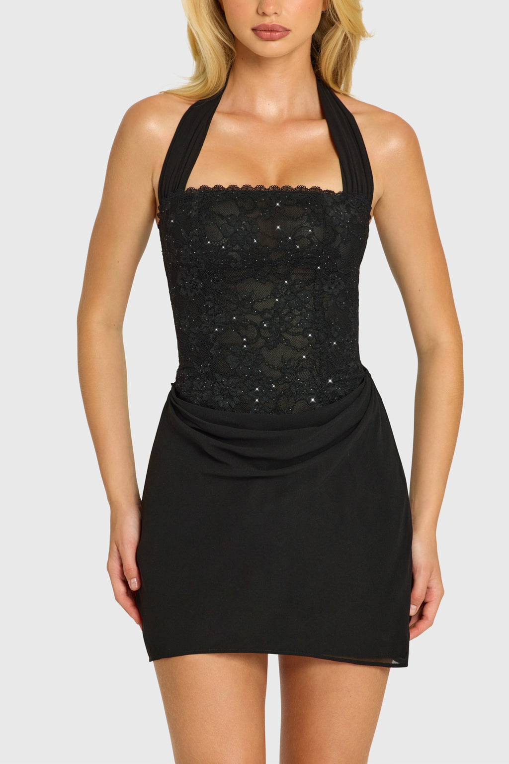 Chic Sequin Lace Corset Mini Dress in Black