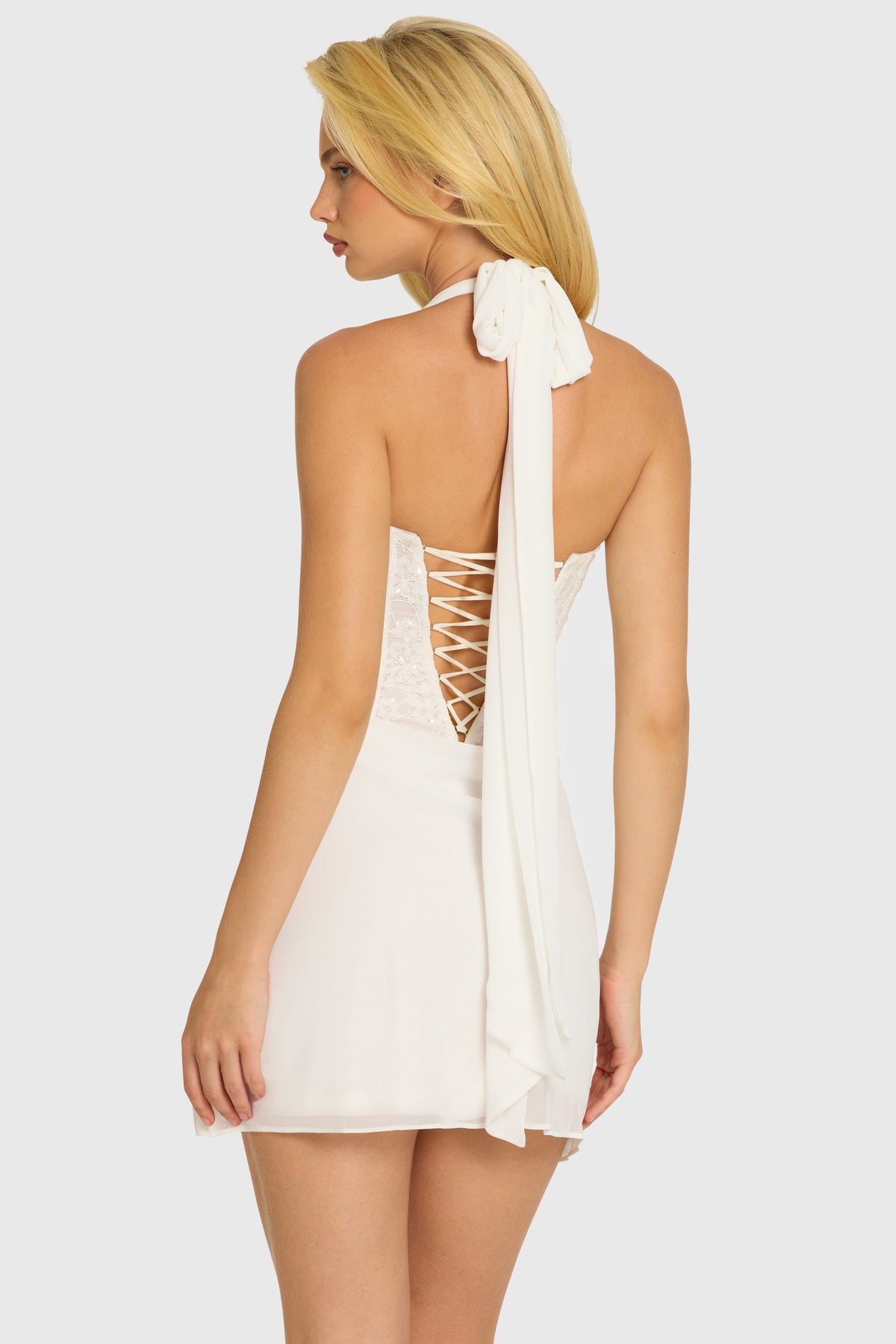Chic Sequin Lace Corset Mini Dress in Pearl