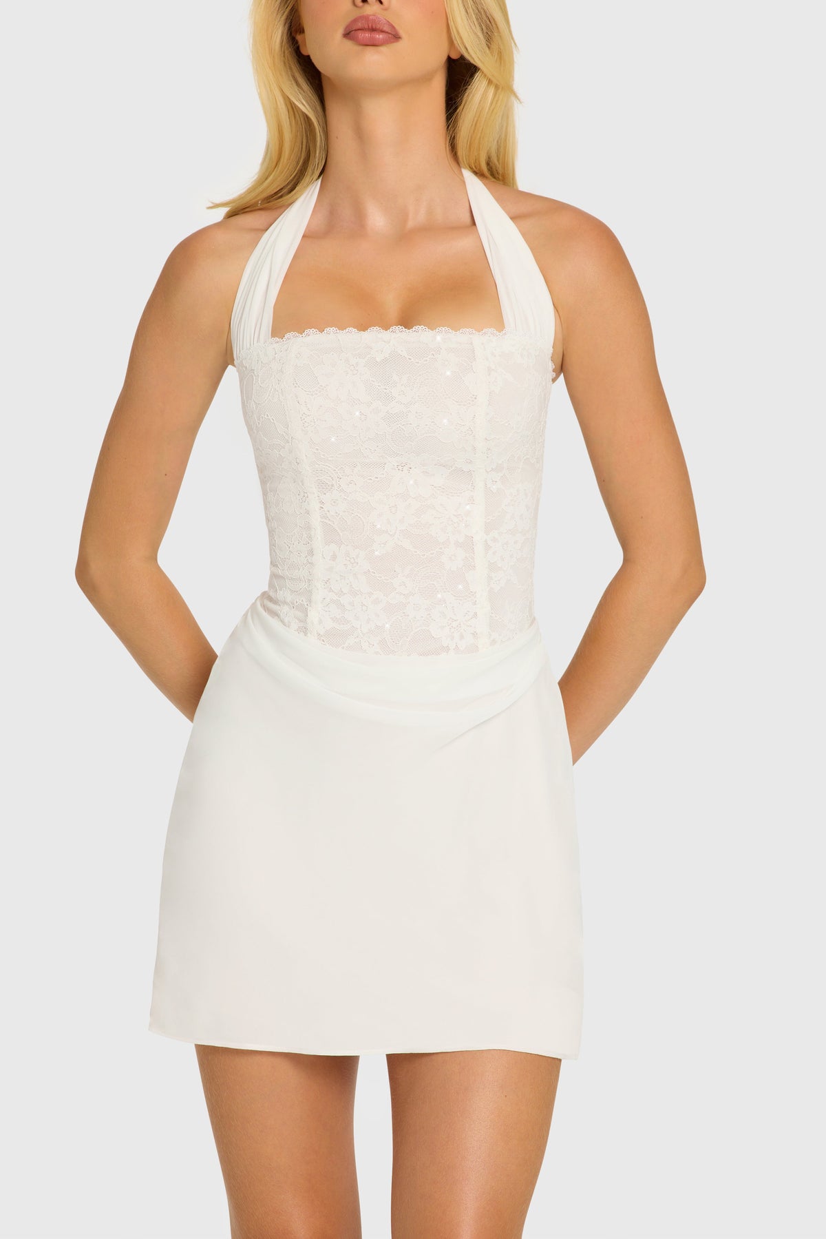 Chic Sequin Lace Corset Mini Dress in Pearl