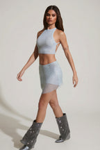 Chic Embellished Mid Rise Mini Skirt in Aqua