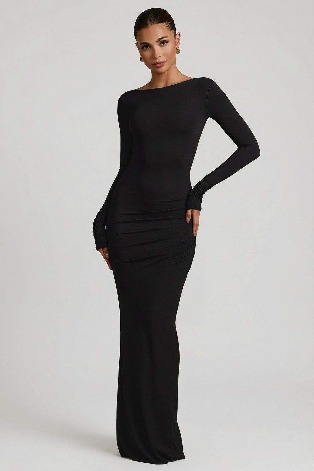 Chic Modal Ruched Backless Maxi Dress in Black