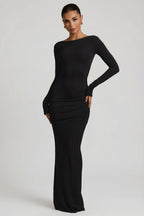 Chic Modal Ruched Backless Maxi Dress in Black