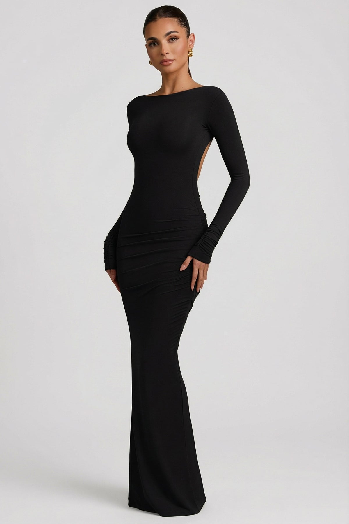 Chic Modal Ruched Backless Maxi Dress in Black