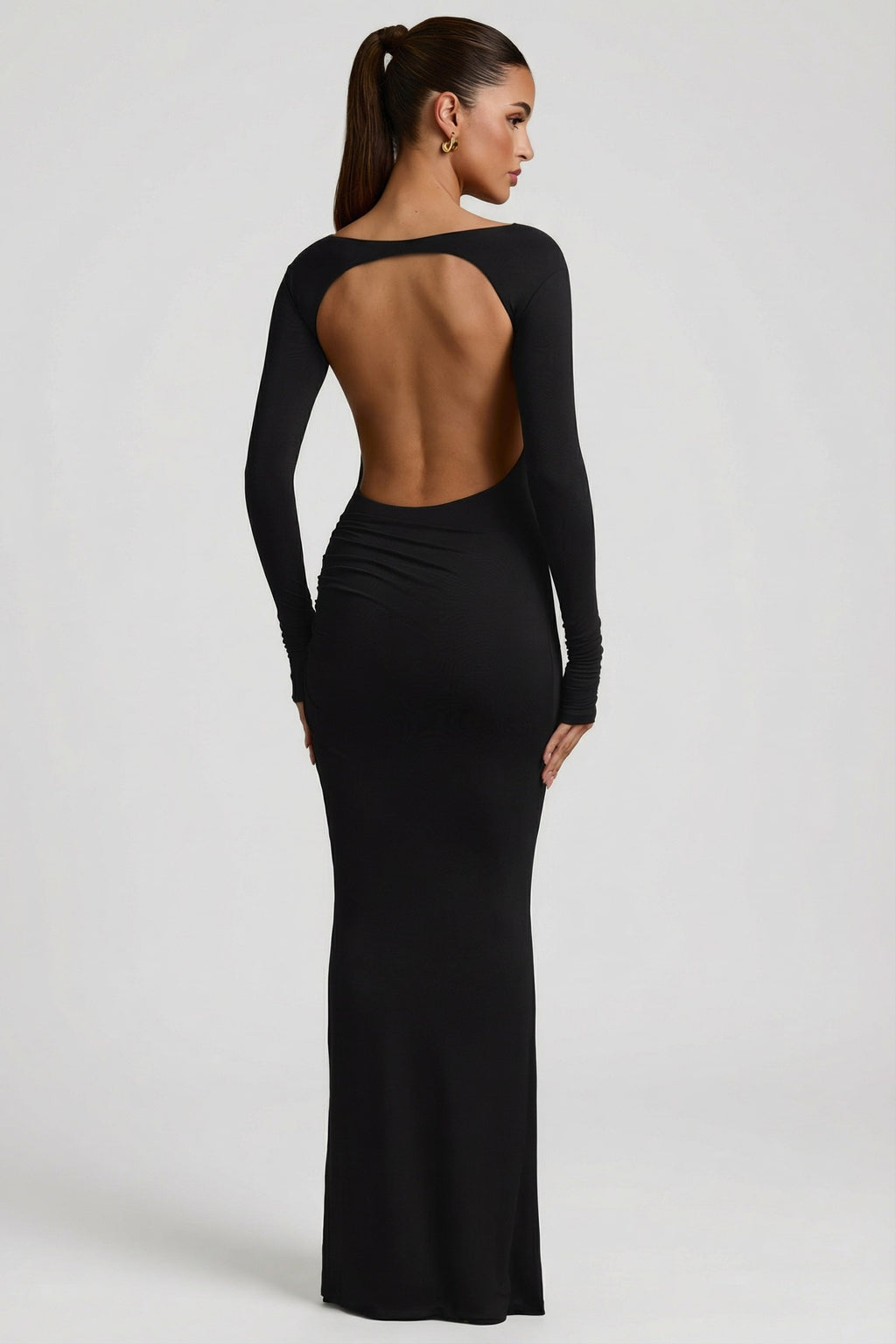 Chic Modal Ruched Backless Maxi Dress in Black