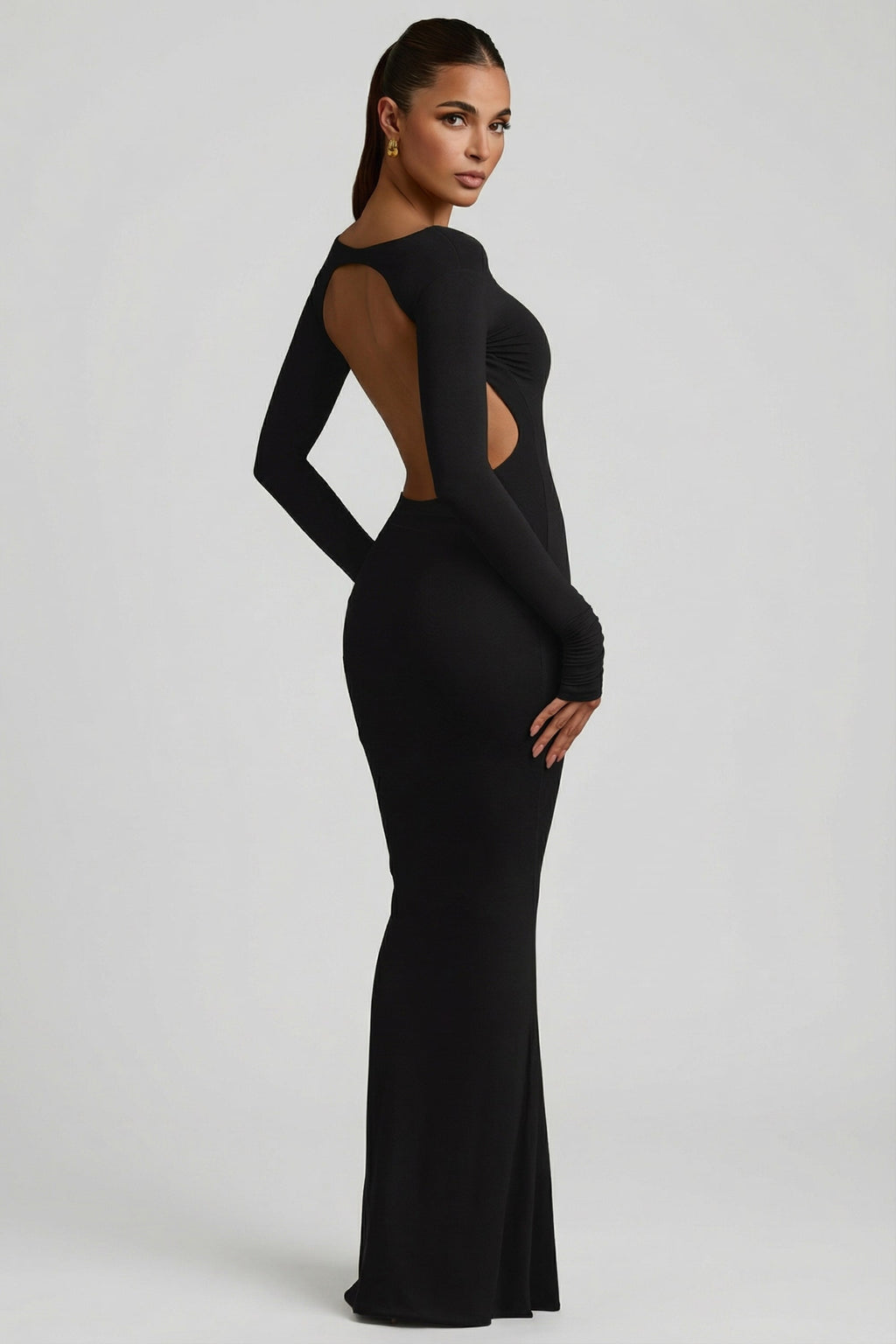 Chic Modal Ruched Backless Maxi Dress in Black