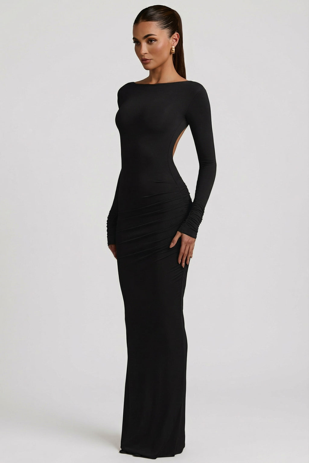 Chic Modal Ruched Backless Maxi Dress in Black