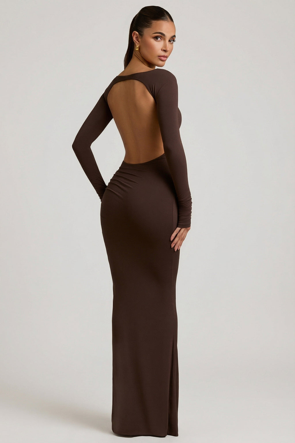 Chic Modal Ruched Backless Maxi Dress in Chocolate Brown