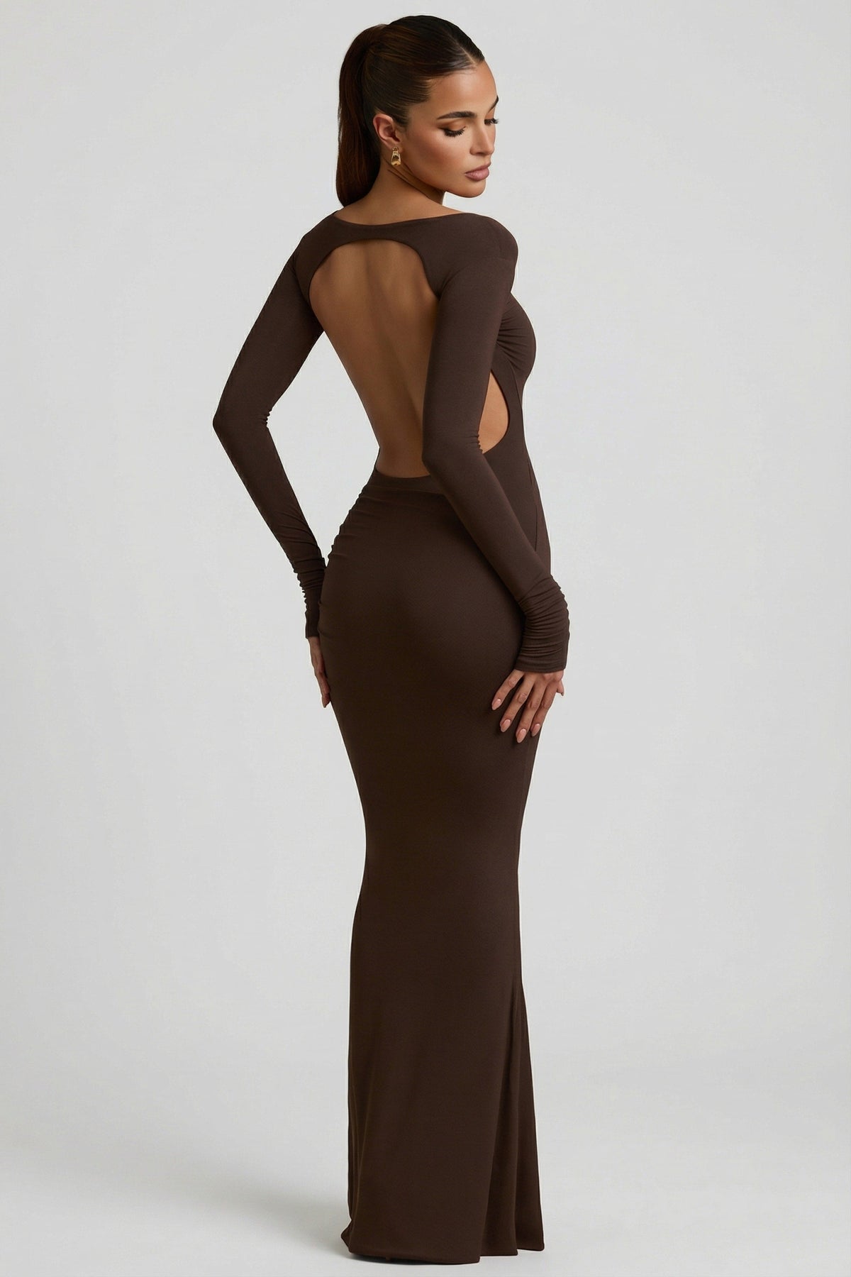 Chic Modal Ruched Backless Maxi Dress in Chocolate Brown
