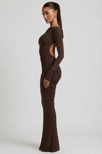 Chic Modal Ruched Backless Maxi Dress in Chocolate Brown