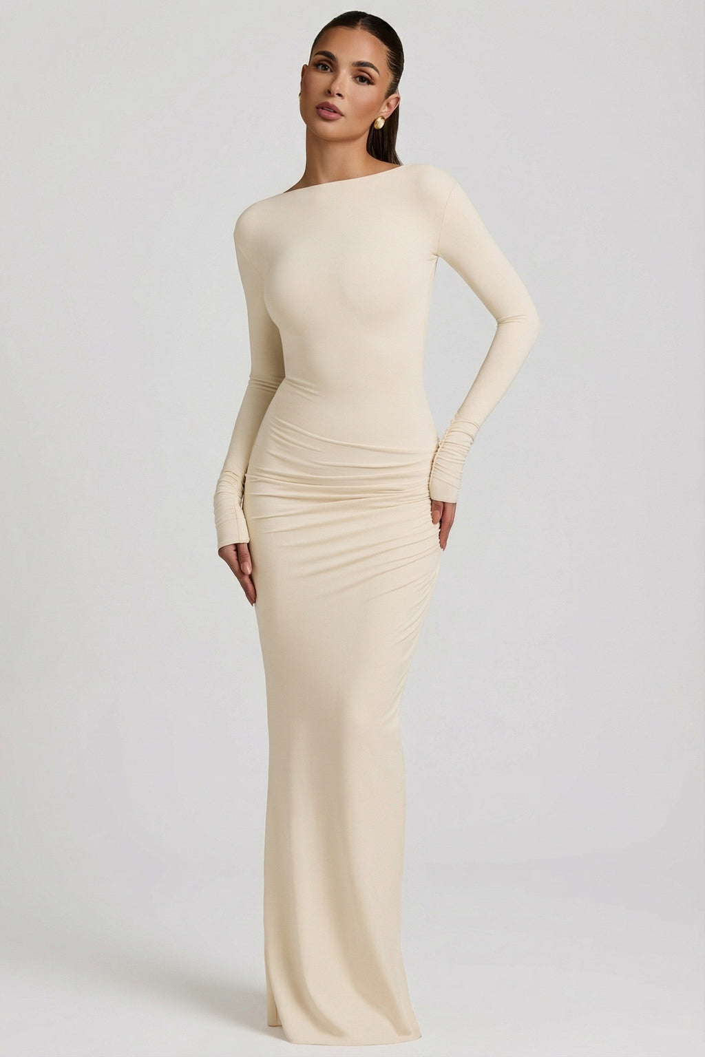 Chic Modal Ruched Backless Maxi Dress in Ivory