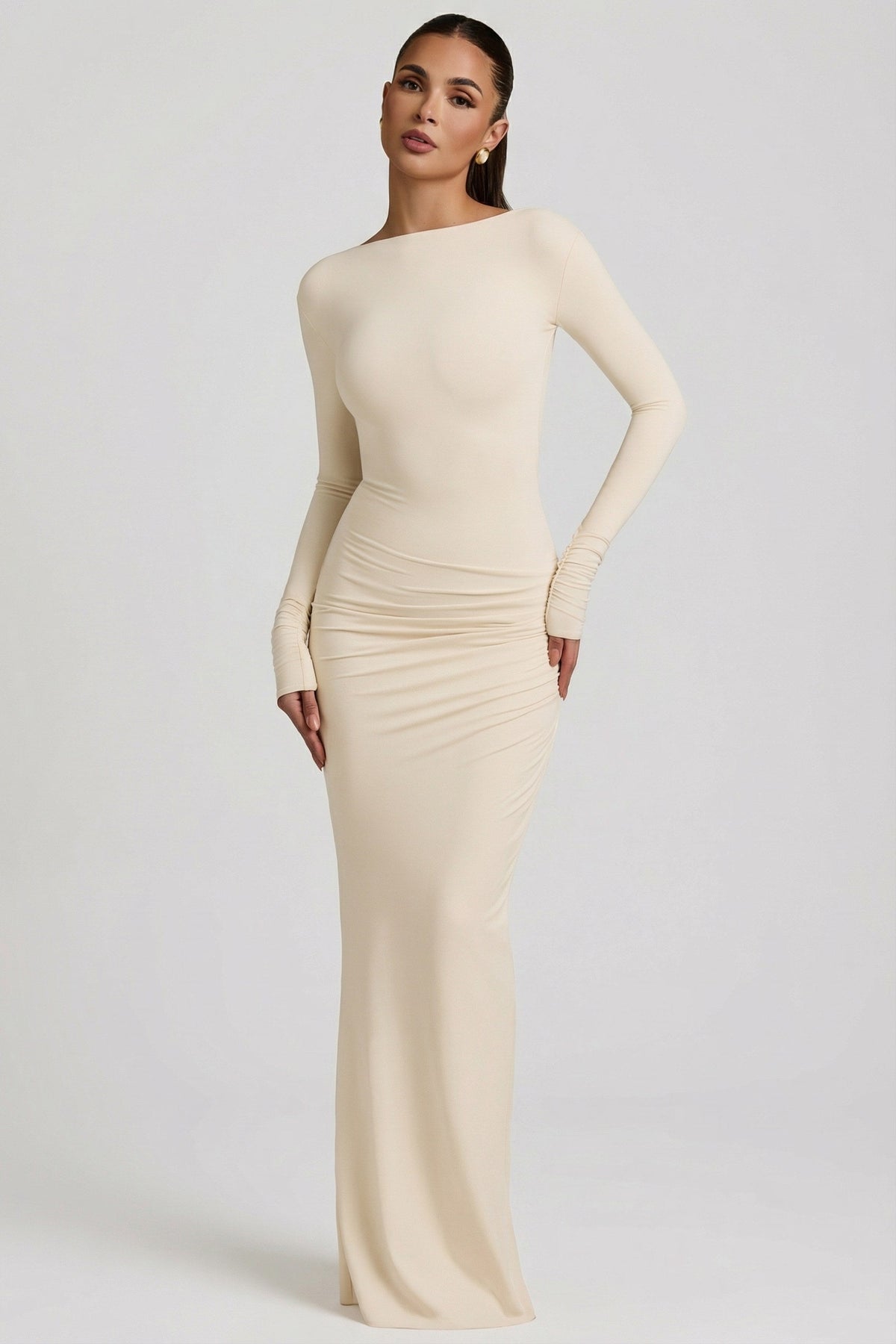 Chic Modal Ruched Backless Maxi Dress in Ivory
