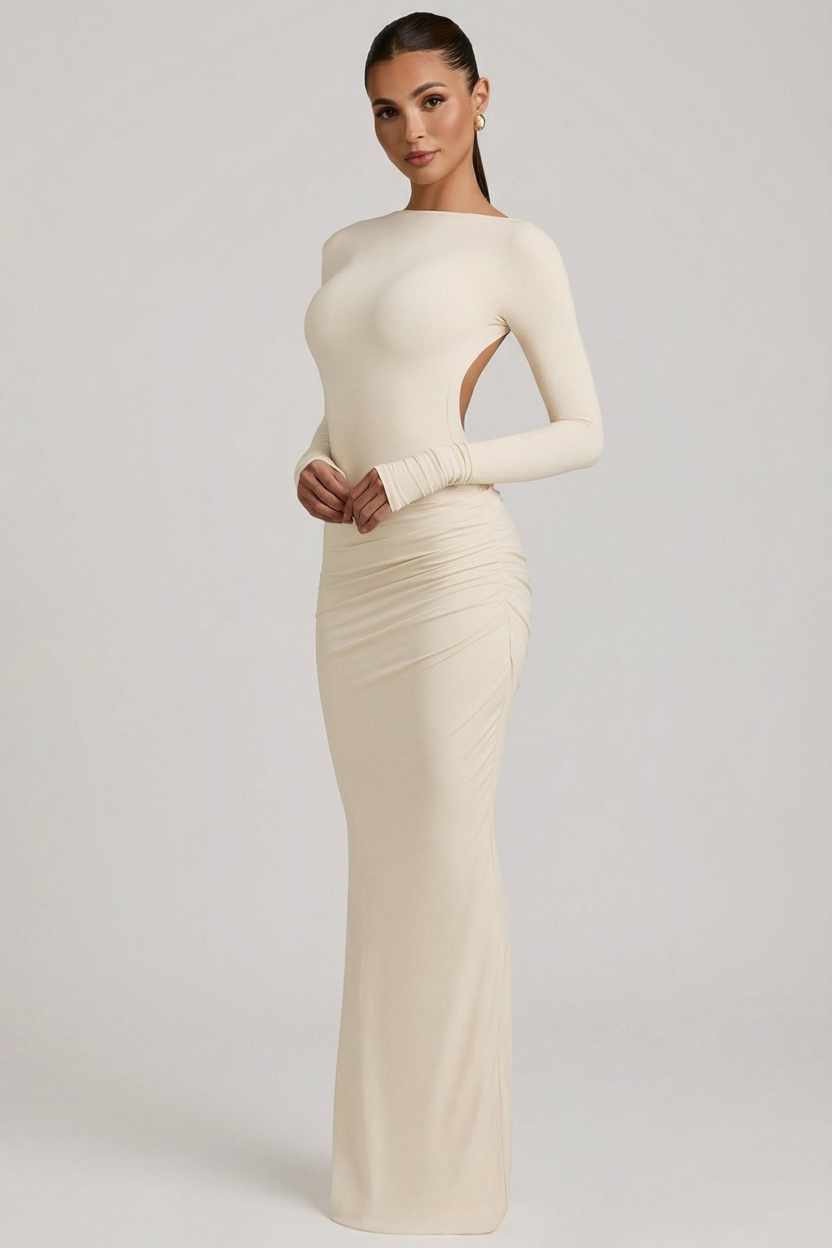 Chic Modal Ruched Backless Maxi Dress in Ivory