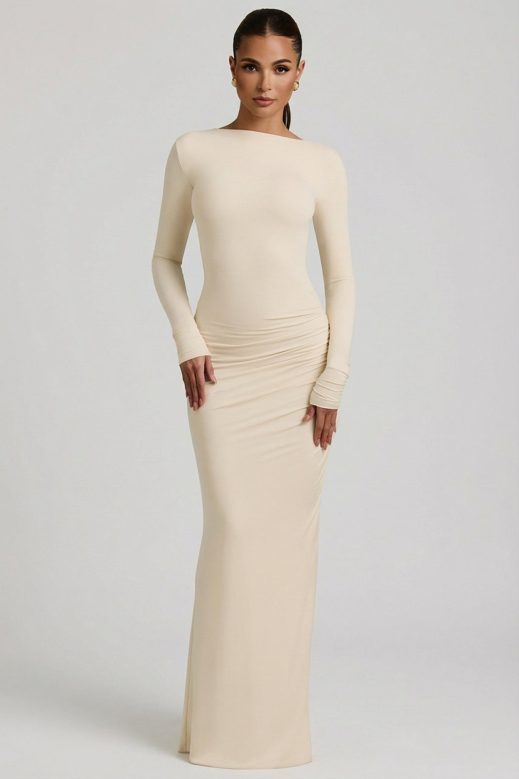 Chic Modal Ruched Backless Maxi Dress in Ivory