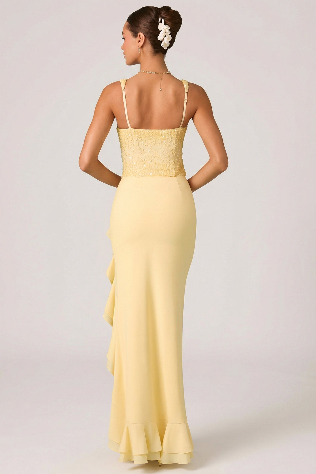 Chic Embellished Ruffle-Trim Corset Gown in Yellow