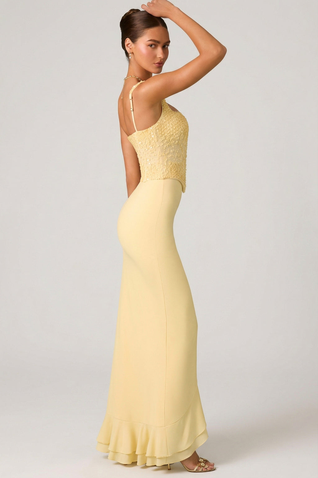 Chic Embellished Ruffle-Trim Corset Gown in Yellow