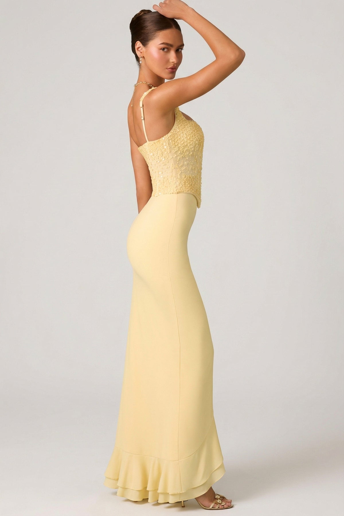 Chic Embellished Ruffle-Trim Corset Gown in Yellow