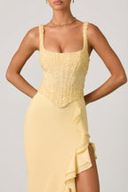 Chic Embellished Ruffle-Trim Corset Gown in Yellow