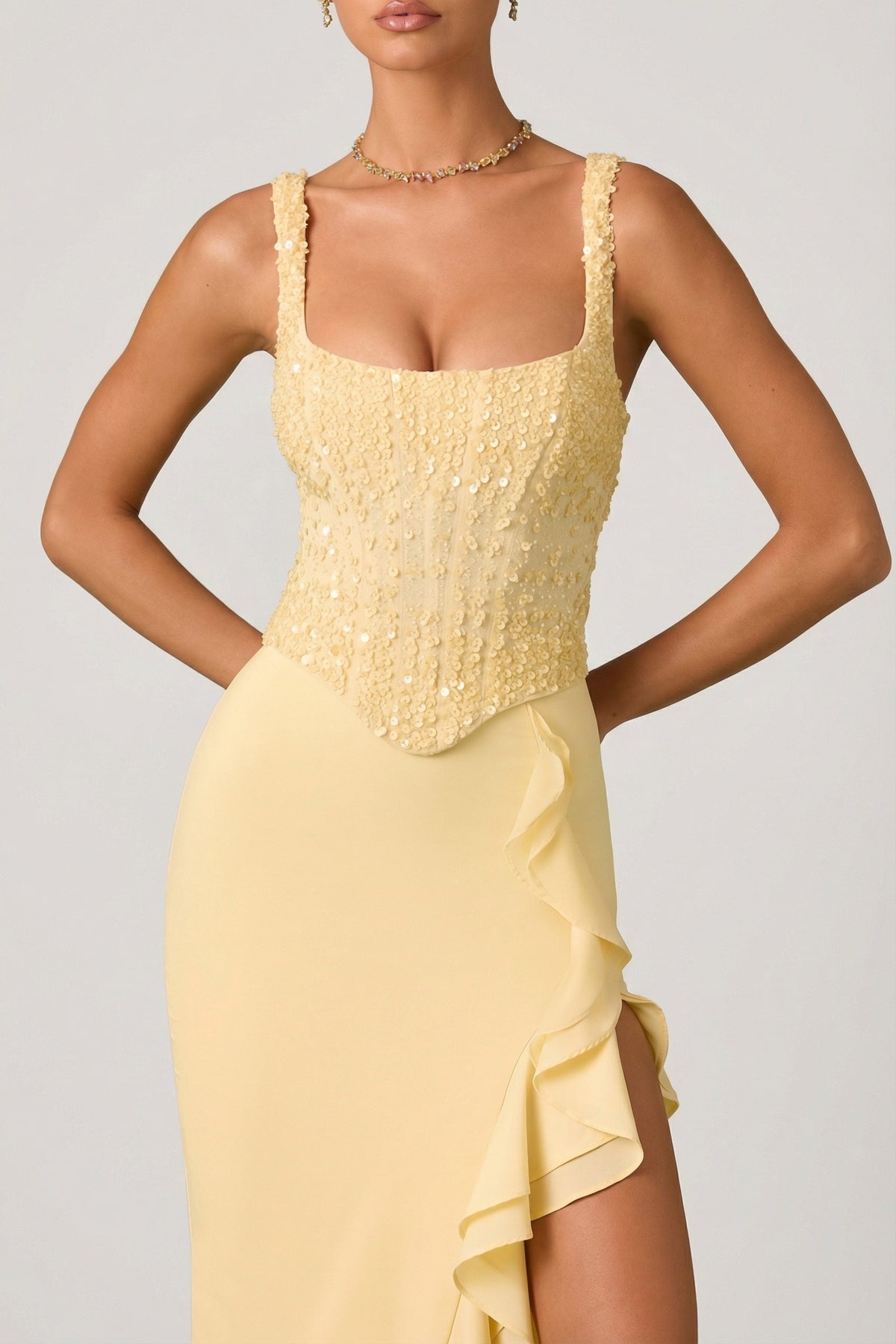 Chic Embellished Ruffle-Trim Corset Gown in Yellow