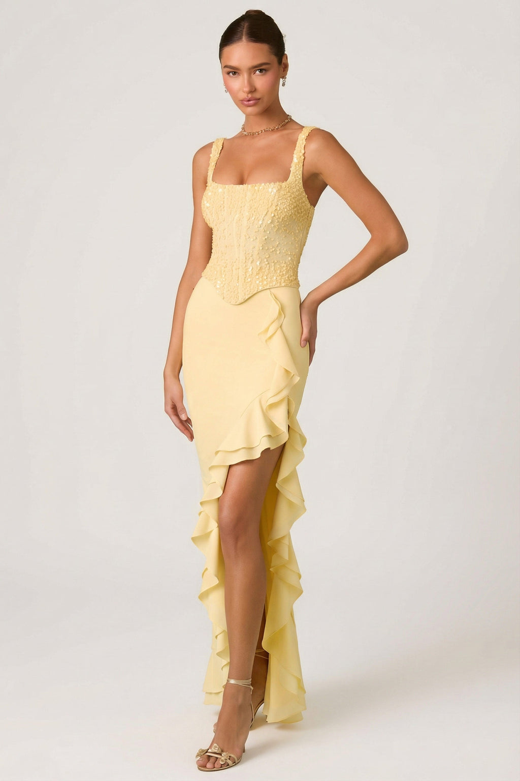 Chic Embellished Ruffle-Trim Corset Gown in Yellow