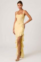 Chic Embellished Ruffle-Trim Corset Gown in Yellow