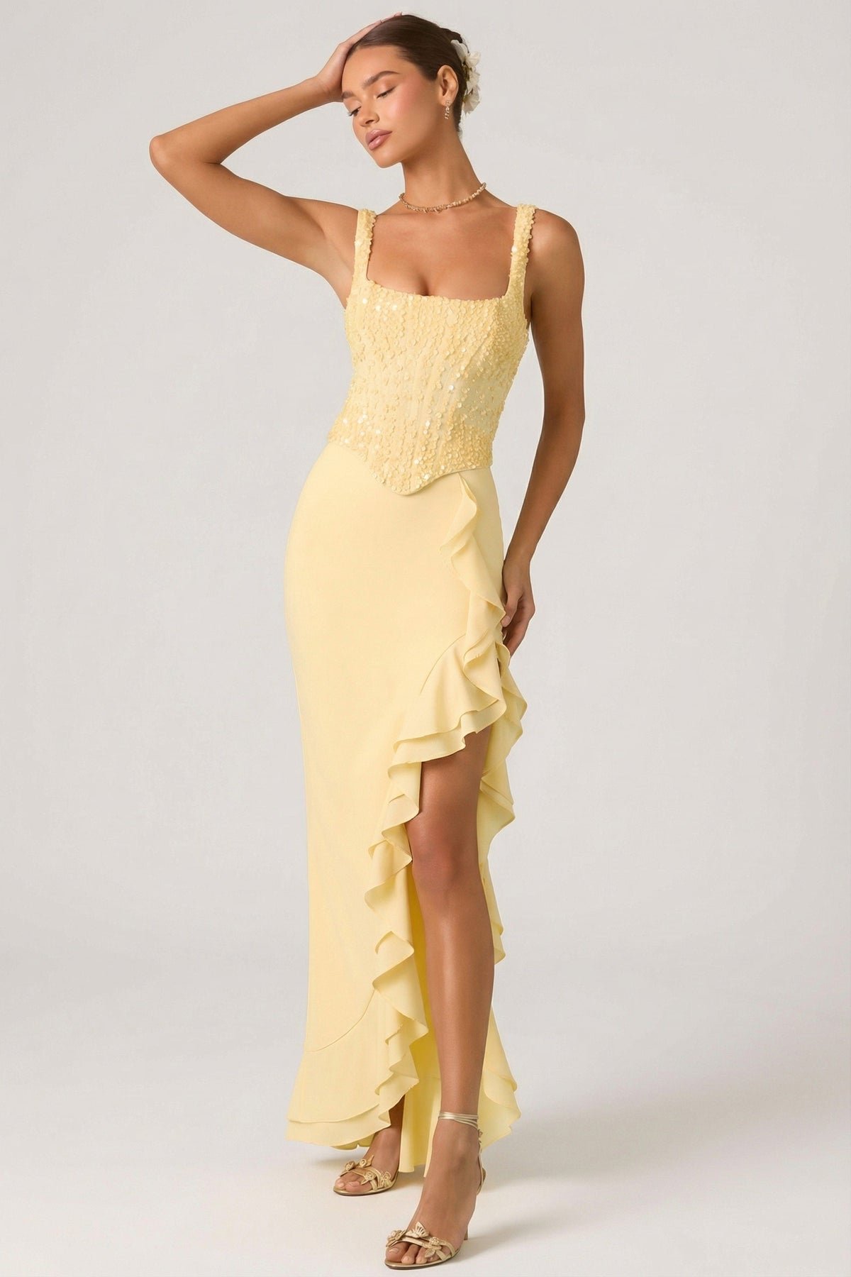 Chic Embellished Ruffle-Trim Corset Gown in Yellow