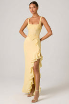 Chic Embellished Ruffle-Trim Corset Gown in Yellow