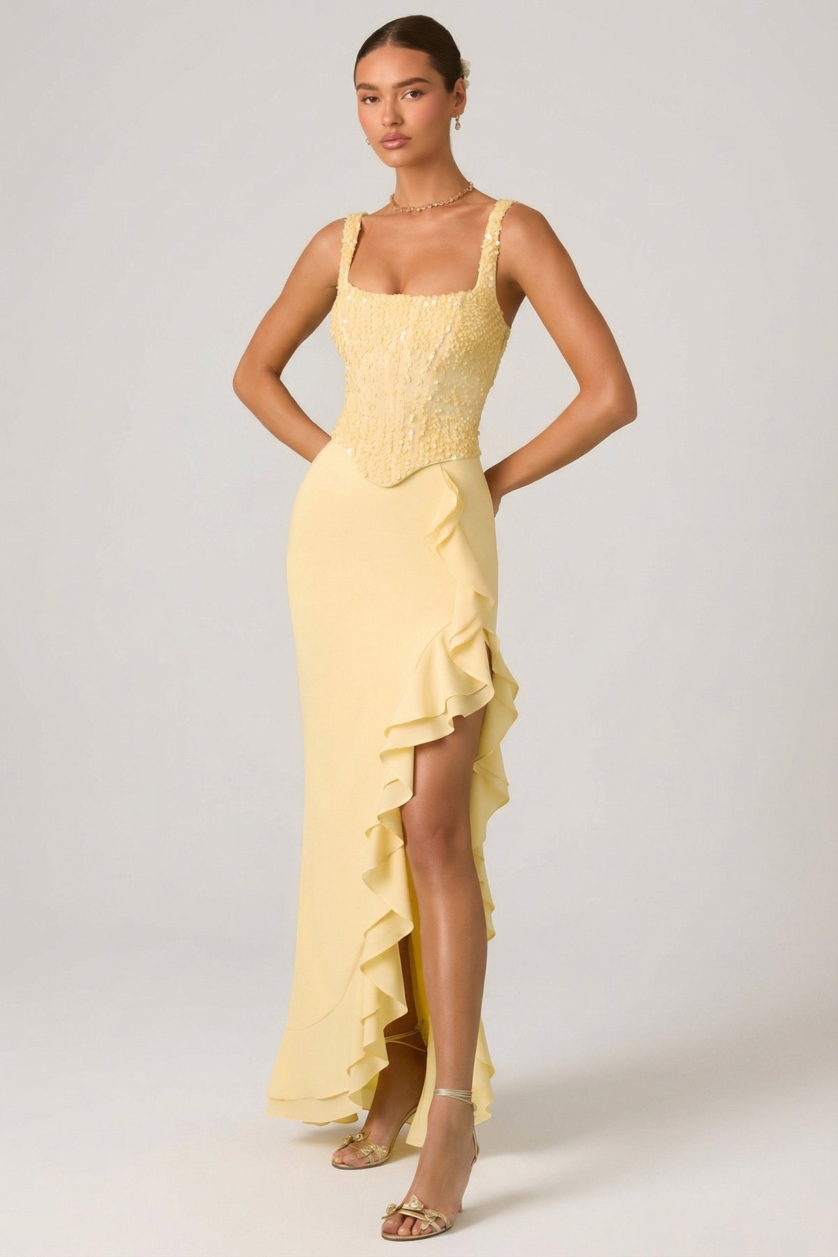 Chic Embellished Ruffle-Trim Corset Gown in Yellow