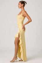 Chic Embellished Ruffle-Trim Corset Gown in Yellow