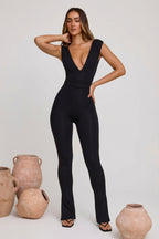 Chic Plunge Neck Ruched Waist Jumpsuit in Black