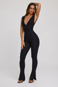 Chic Plunge Neck Ruched Waist Jumpsuit in Black