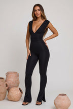 Chic Plunge Neck Ruched Waist Jumpsuit in Black