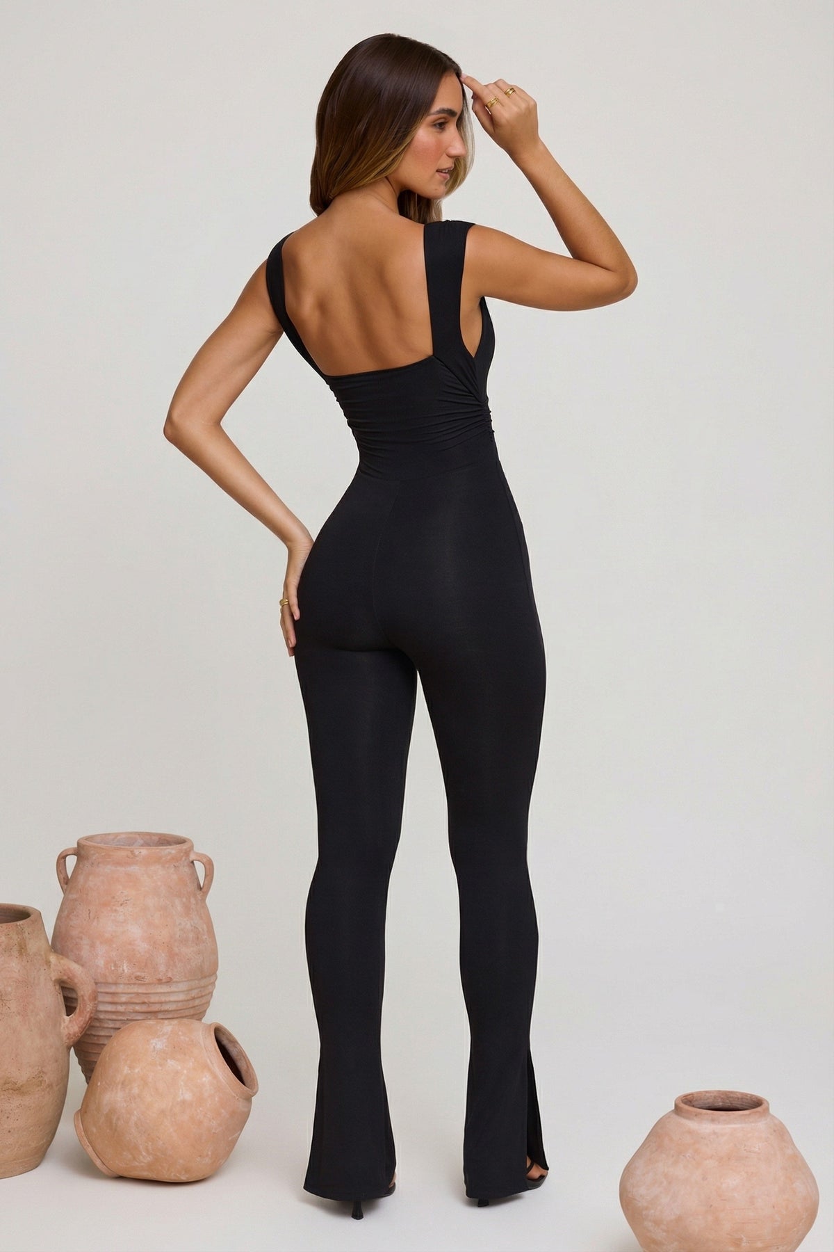 Chic Plunge Neck Ruched Waist Jumpsuit in Black