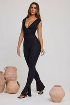 Chic Plunge Neck Ruched Waist Jumpsuit in Black